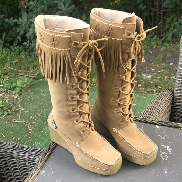 Candie’s Vintage Sz 7.5 Moccasin Wedge Fringe Suede Tall Western Cowboy Boots - Picture 11 of 15